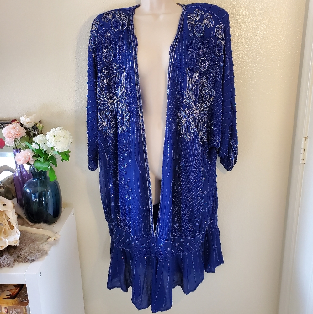 RARE Vintage Blue Silk Sequin Beaded Kimono